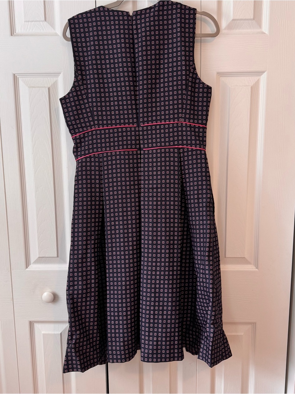 J. Crew Navy Printed Fit-and-Flare Dress with Pink Piping - Picture 2 of 6